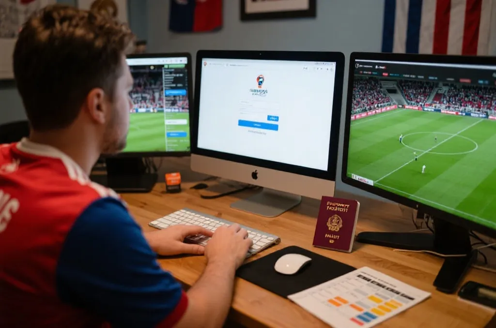 球迷在电脑前注册世界杯门票账号并查看赛程